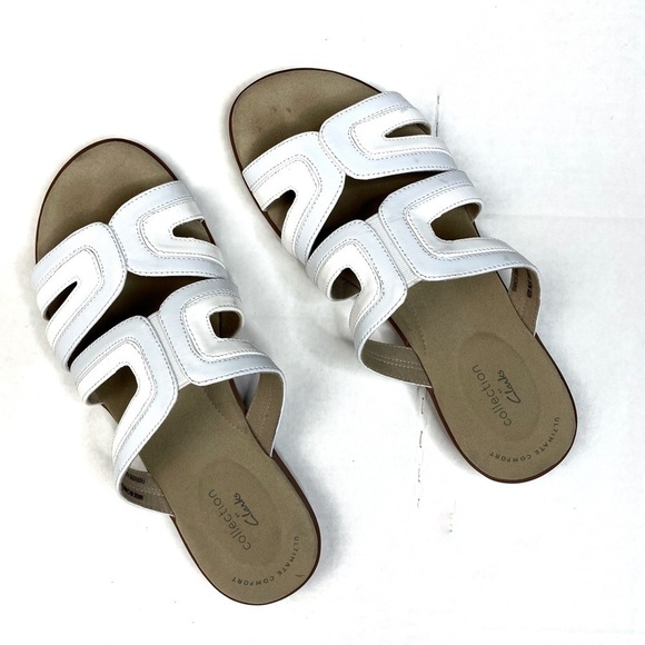 Clarks White Leather Strappy Slide Sandals - Picture 1 of 4
